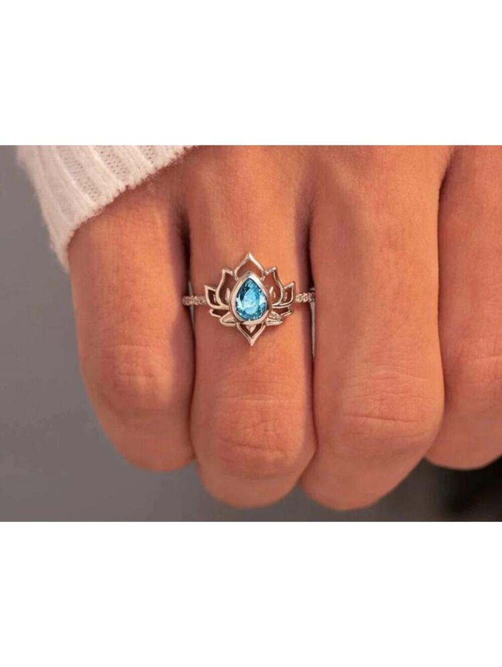 Lotus Flower Blue Stone Ring, Silver, Minimalist Boho Jewelry